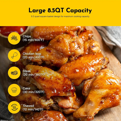 8.5QT Air Fryer, Upgraded Family Size Capacity, Visual Window, Square Basket Dials Stainless Steel Air Fryers, Reheat Leftovers,