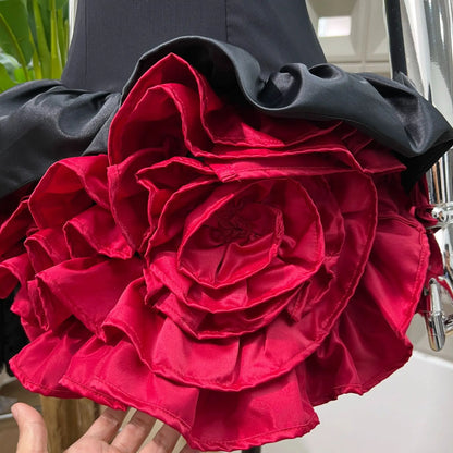 Women's Sweet Round Neck Sleeveless Slim Waist Short Mini Dress French Retro 3D Rose Birthday Dress Spicy Girl Floral Bud Dress