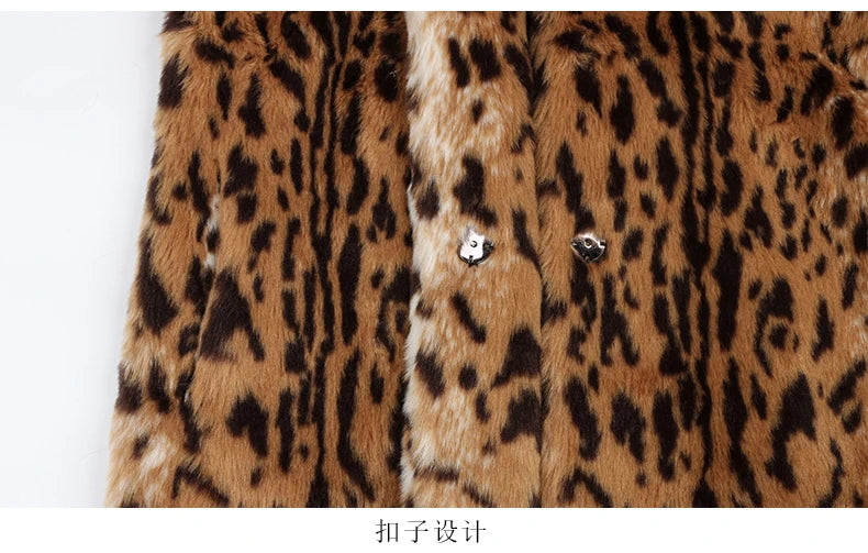 Nerazzurri Winter Long Loose Luxury Thick Warm Soft Fluffy Leopard Print Faux Fur Coat Women Lapel Runway European Fashion 2022