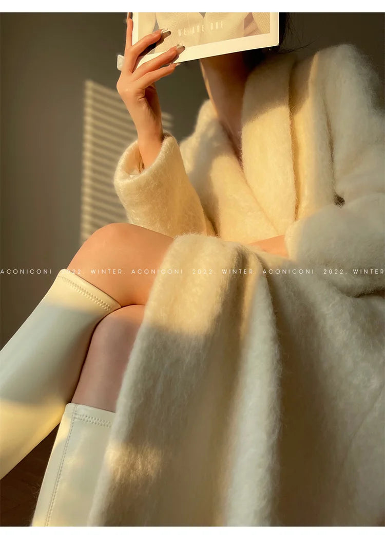 Lautaro Winter Long Vintage White Thick Warm Fluffy Wool Blends Coat Women Double Breasted Elegant Luxury Designer...