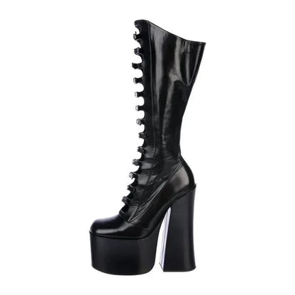 European and American High-heeled Sexy Belt Buckle Knee High Mary Jane Boots Women's Fashionable Thick Soled Banquet Shoes - Kimlud