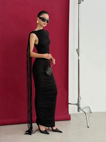 Sexy O Neck Tassel Patchwork Folds Long Dress Women Black Sleeveless Ruched Bodycon Slim Dresses Celebrity Evening Party...