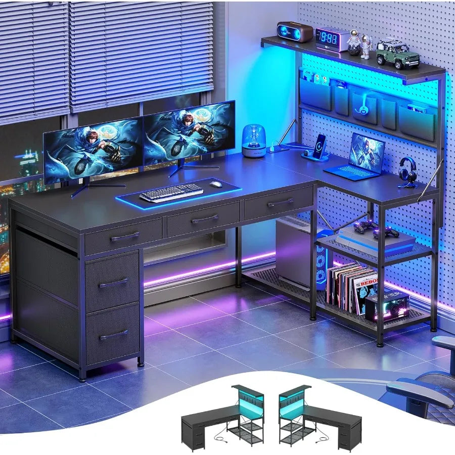 L Shaped Gaming Desk with 5 Drawers and Storage Shelves for Home Office and Study Room Reversible Corner Computer Desk with Bui - Kimlud