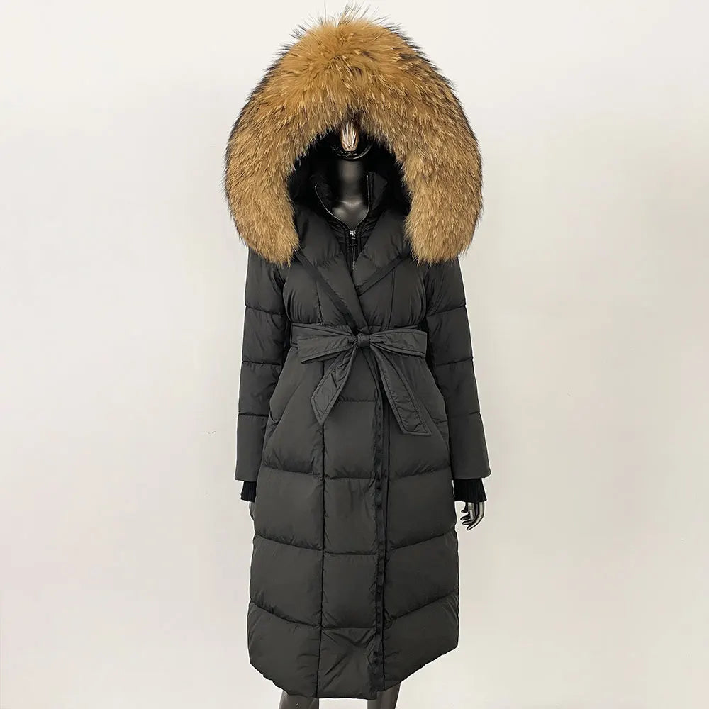 CXFS New Real Raccoon Fox Fur Collar Hooded Natural Long Winter Jacket Women 90 White Duck Down Coat Thick Warm Casual Outerwear