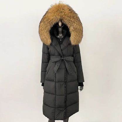CXFS New Real Raccoon Fox Fur Collar Hooded Natural Long Winter Jacket Women 90 White Duck Down Coat Thick Warm Casual Outerwear