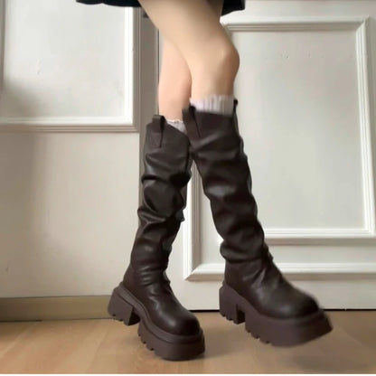 Autumn Winter Platform Thick Bottom Women Long Boots Fashion Slip On Shoes Vintage Ladies Knight Botas