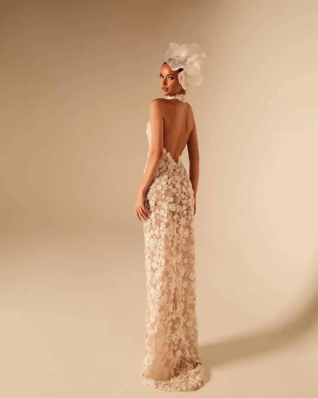 Ofherown Ivory Lace Midi Dress High Neck Halter Sheer Illusion Side Slit Wedding Guest Cocktail Evening Gown Custom Made