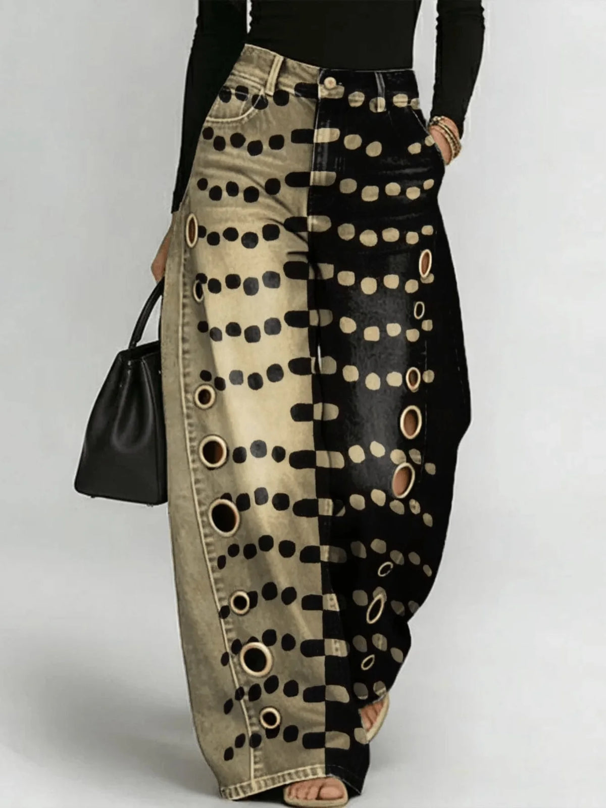 Y2K Streetwear Women Wide‑Leg Denim Pants Asymmetric Two‑Tone Splicing Polka Dot Print Eyelet Hole Detail Loose Baggy Jeans