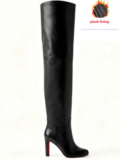 Autumn and Winter New Black Leather Round Head Over Knee Women's Boots, Thick High Heels, Fashionable 34-46 Large Women's Boots