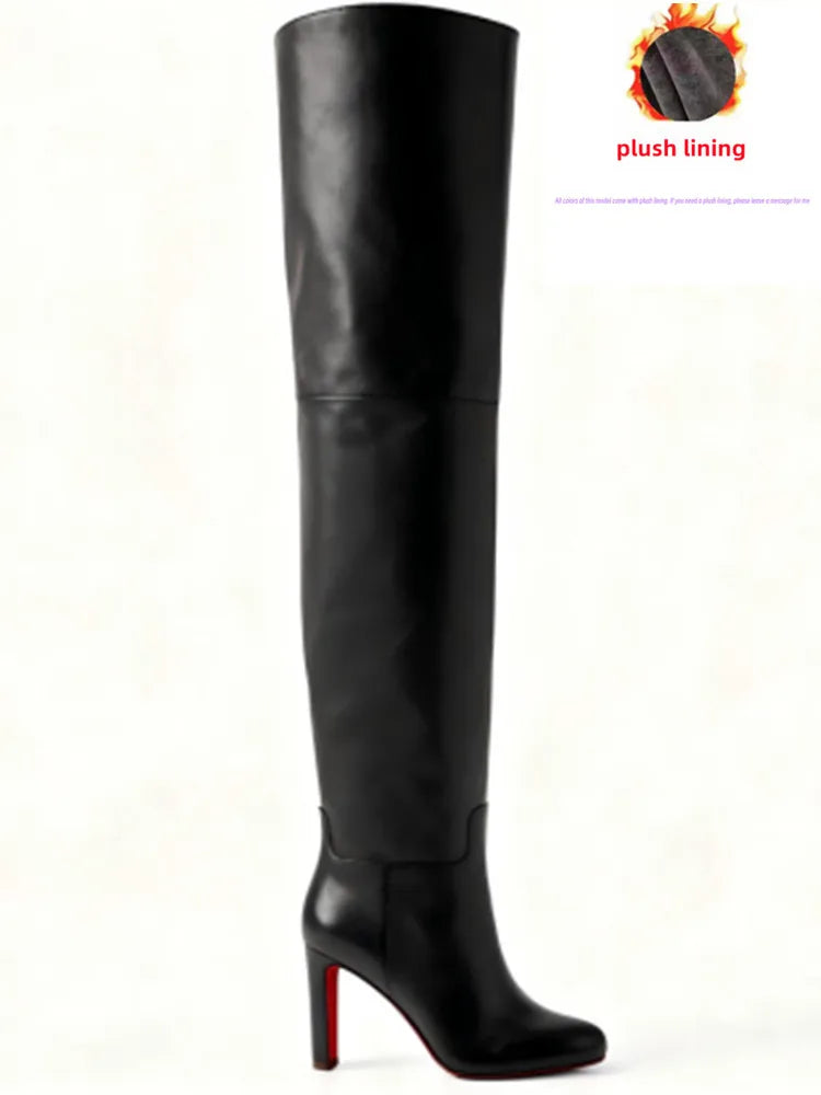 Autumn and Winter New Black Leather Round Head Over Knee Women's Boots, Thick High Heels, Fashionable 34-46 Large Women's Boots