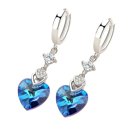 925 Sterling Silver Earrings Blue Crystal Heart-Shaped Zircon Earrings For A Woman'S Engagement Charm Jewelry Gift