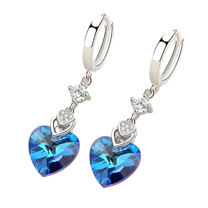925 Sterling Silver Earrings Blue Crystal Heart-Shaped Zircon Earrings For A Woman'S Engagement Charm Jewelry Gift