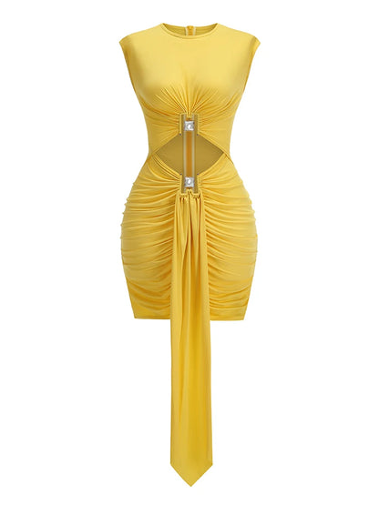 Sexy O Neck Diamonds Ruched Cut Out Mini Dress Women Yellow Sleeveless Ruffles Draped Bodycon Dresses Evening Club Party Gowns