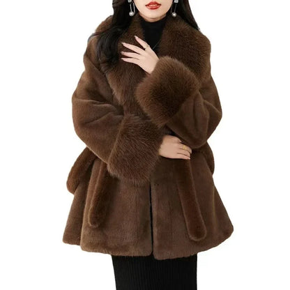 Luxury Vintage Faux Fur Coat Women Fur Collar Long Sleeve with Belt Oversized Fur Jacket Warm Thick Winter Cardigan Lady's Coats