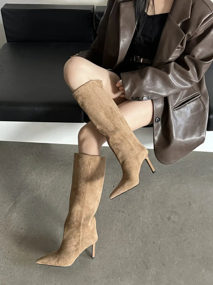 Fashion Retro Minimally Pointed Suede slim High Heels Knight Boots slip-on Knee-high Women's Shoes Pumps Botas De Mujer