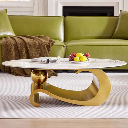 49.2-Inch Modern Oval Faux Marble Coffee Table with Sturdy Gold Metal Base - Luxury Living Room Furniture for Home Decor - Kimlud