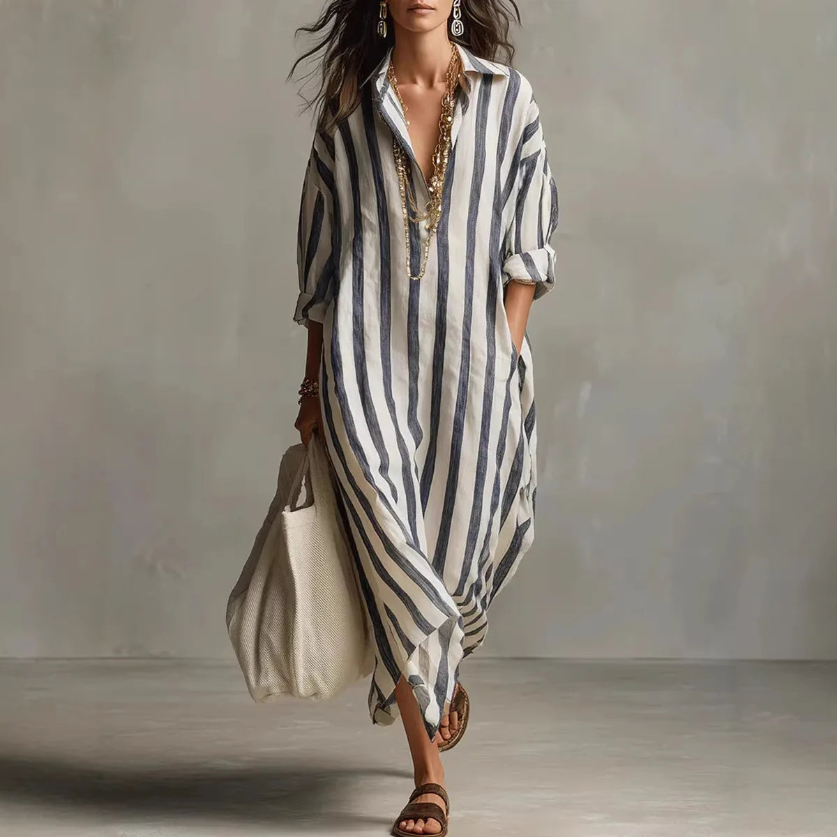 2026Spring Summer Casual Elegant Turn Down Collar Breathable Dress For Women Party Dress Boho Striped Printed Loose Beach - Kimlud