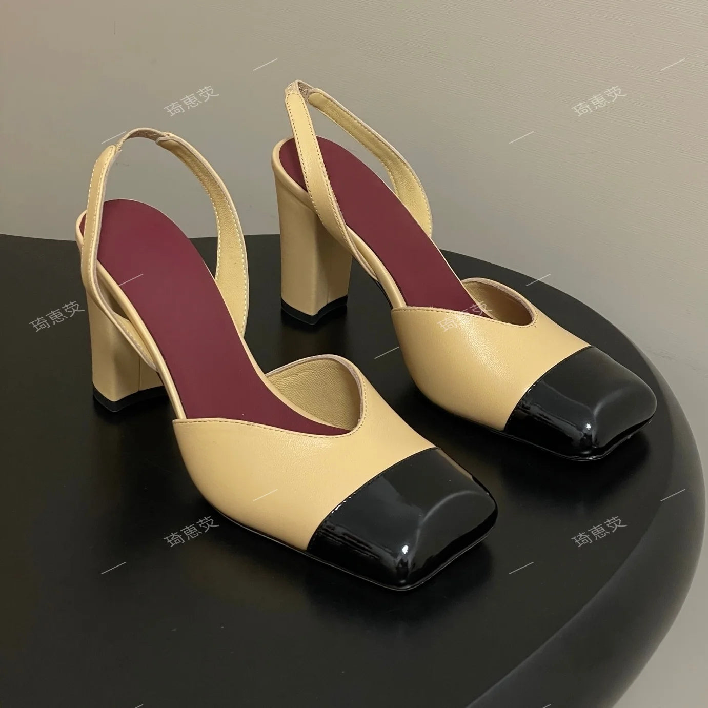 2026 Spring New Genuine Leather Thick Heel Patchwork Slingback Sandals Blank With Temperament Commuting Shoes Pumps - Kimlud