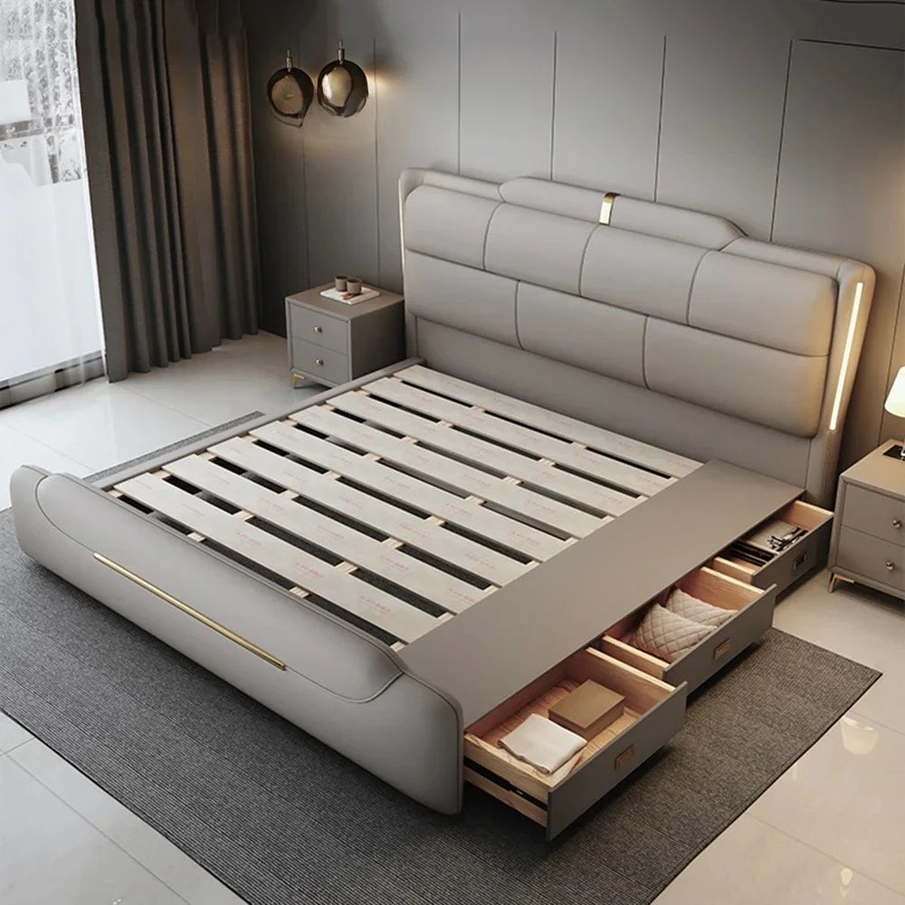 180x200cm Italian light luxury double storage bed layer cowhide three drawers Carbon steel leg camas de casal bedroom...