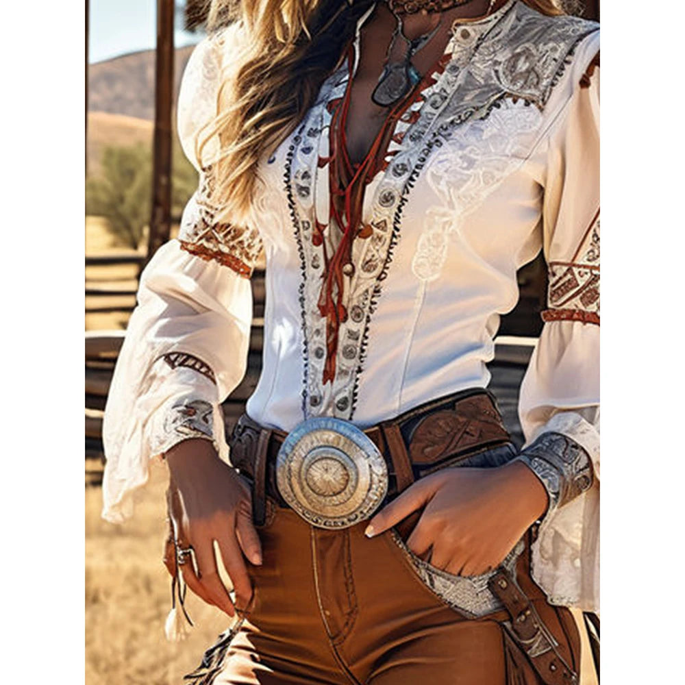 Vintage Western Women's Blouse Lace-up Puff Long Sleeve Spring Summer Cowgirl Shirts Ethnic Music Festival Country Party Blouses