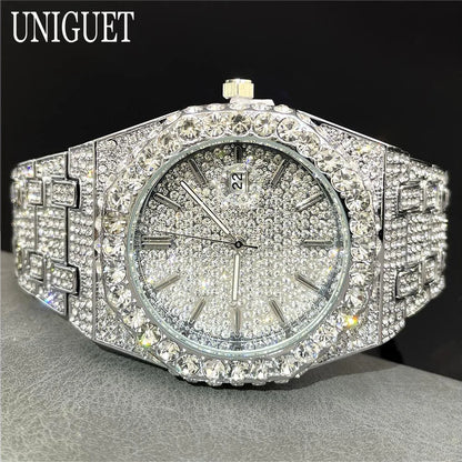 UNIGUET Fashion Iced Out Silver Mens Watch Luxury Calendar Waterproof Watch For Man Hip Hop High Quality Big Diamond Wristwatch