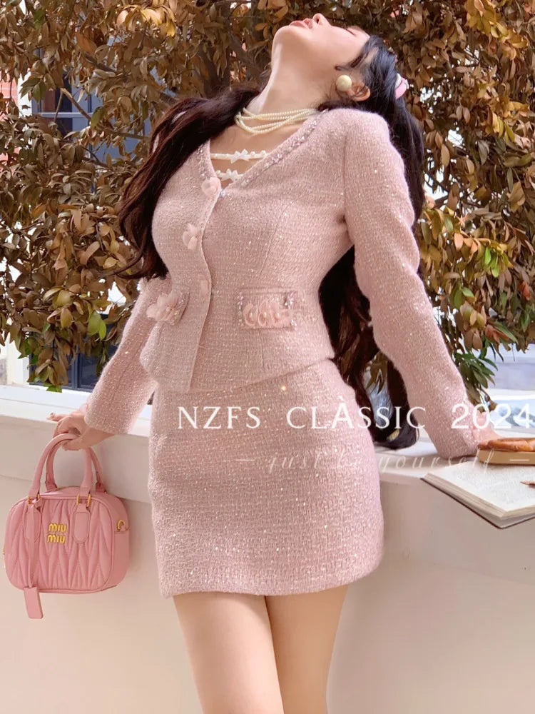 2024 autumn NEW Two Piece Set For Women Jacket Coat + short Skirt 2 piece sets women outfit conjuntos femininos elegantes