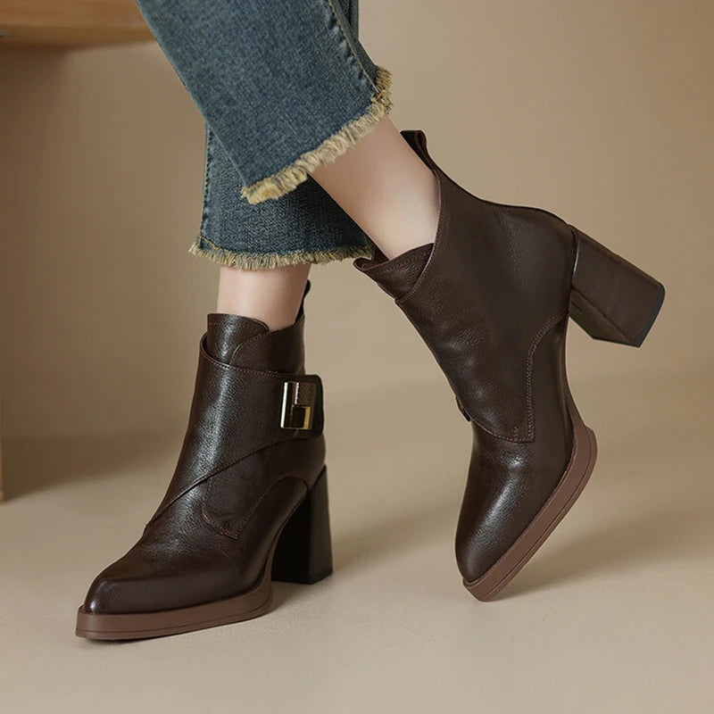 NEW Autumn/Winter Women Boots Genuine Leather Shoes for Women Pointed Toe Chunky Heel Shoe High Heel Modern Boots Platform Shoes