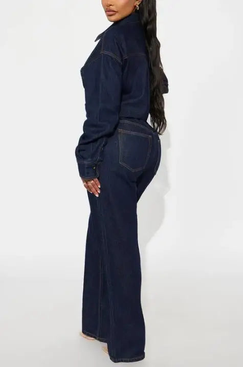 Jumpsuit Women 2026 New Spring Autumn Solid Color Pocket Design Turn-Down Collar Long Sleeved High Waist Casual Denim...