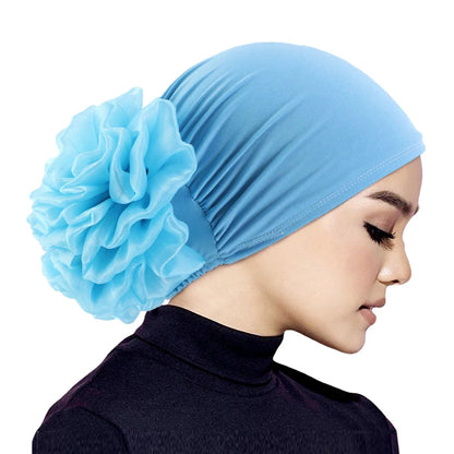 Women's Hijabs Turban Big Flower Elastic Cloth Hair Bands Hat Beanie Ladies Muslim Solid Hair Loss Scarf Cap Hair Accessories