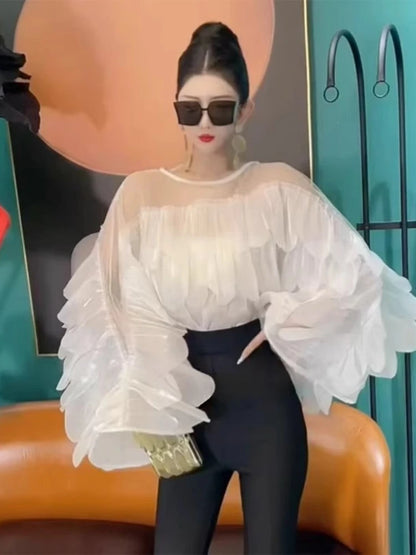 Women Blouse Light Luxury Summer Shirt For Lady Round Neck Full Sleeves Spliced Flounced Edge Mesh Irregular Hem Loose Tops Tide