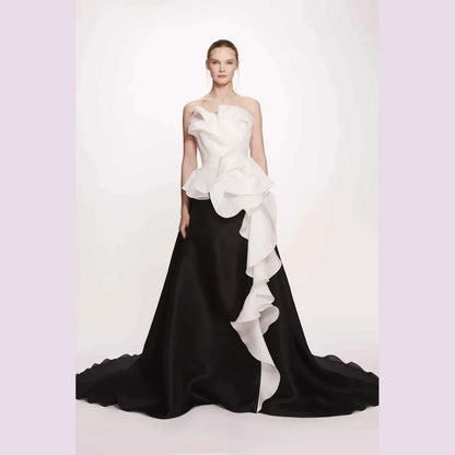 Elegant White&Black Mix Color A-line Formal Event Party Dresses Ruched 3 Flower Strapless Long Prom Gowns