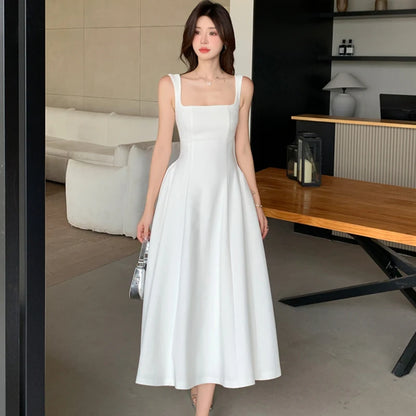 2026 New White Square Collar Sling Sexy Long Dress Women Elegant Luxury Dance Party Dress Summer Korean Vintage Bodycon Vestidos - Kimlud