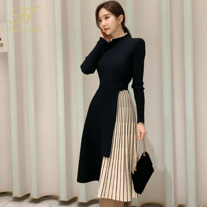 H Han Queen New Winter Elastic Knitted Dresses Women Color matching Lace-up Sweater Dress Fashion Slim Work Office Vestidos - Kimlud