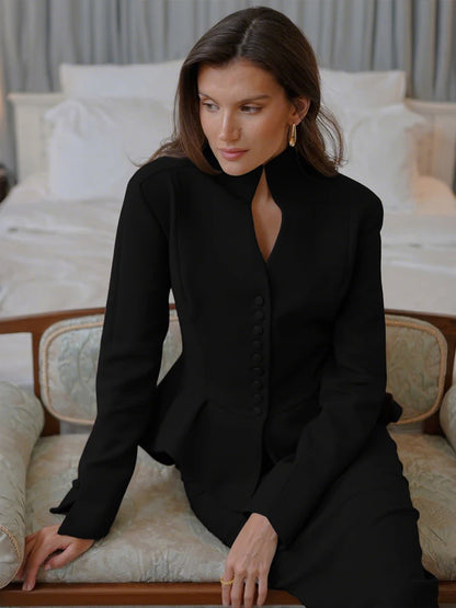 Weird Puss Elegant Office 2-Piece Set Women Classic Autumn trend Single Breasted Ruffled Jacket+Peach Hip Mid Skirt Slim Outfits