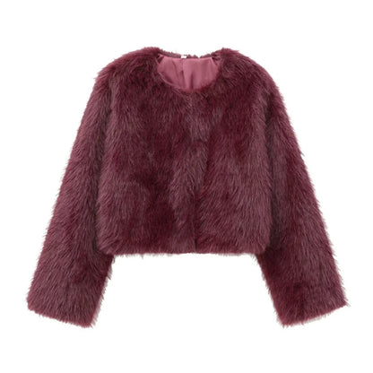 Faux fur jacket 2025 Fall/Winter New Fashion Women's Faux Fur Effect Round Neck Long Sleeve Short Jacket