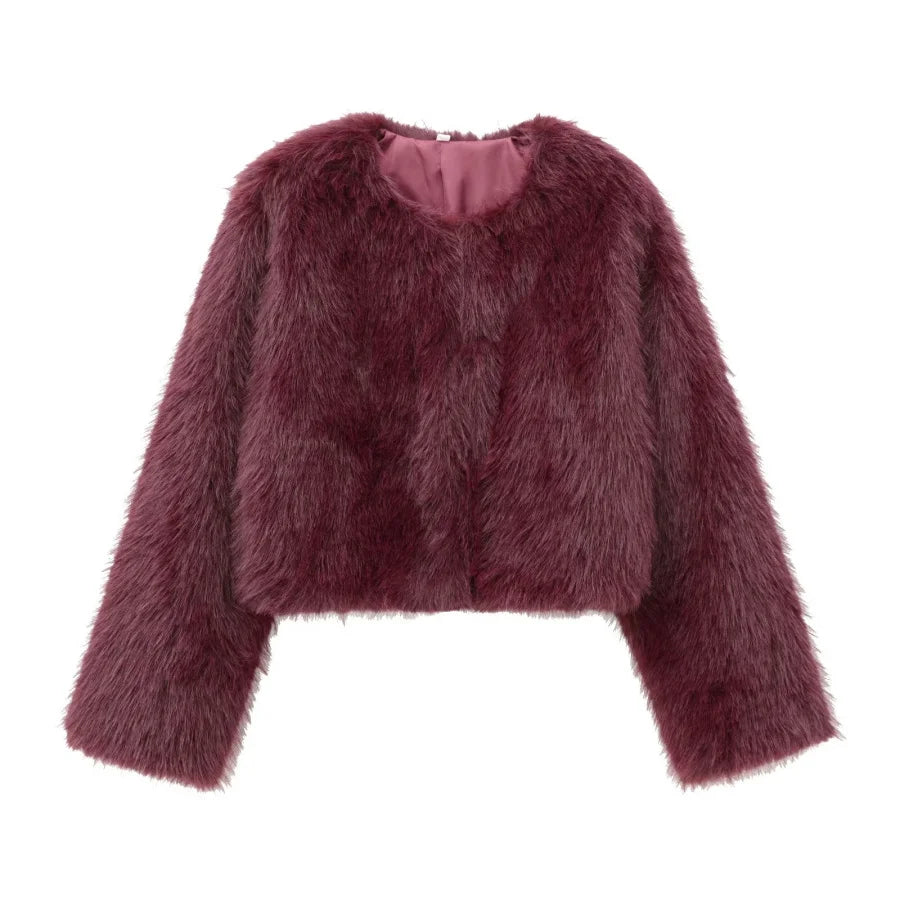 Faux fur jacket 2025 Fall/Winter New Fashion Women's Faux Fur Effect Round Neck Long Sleeve Short Jacket