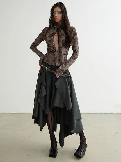 [EAM] High Waist Dark Gray Cut Style Burr Irregular Slit Half-body Skirt Women Fashion Tide New Spring Autumn 2026 1DH9336