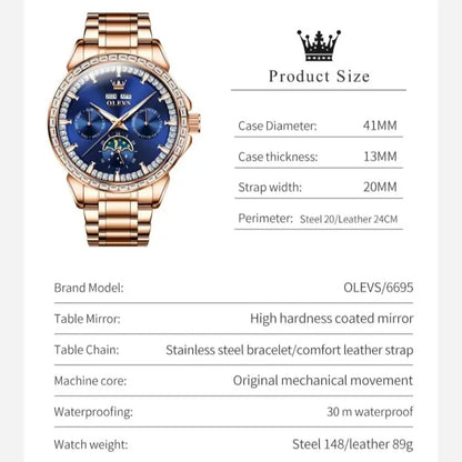 OLEVS 6695 NEW Men's Watches Full Multifunctional Dial Blue Leather Strap Calendar Week Moon Phase Waterproof Wristwatch...