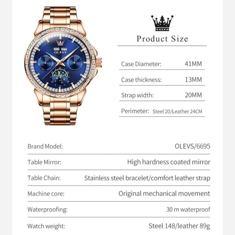 OLEVS 6695 NEW Men's Watches Full Multifunctional Dial Blue Leather Strap Calendar Week Moon Phase Waterproof Wristwatch...