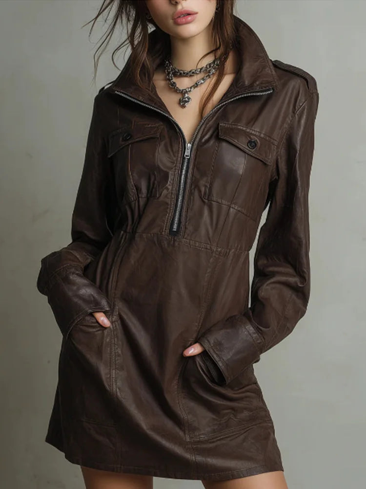 Women's Faux Leather Dress Long Sleeve Half Zip Up High Collar Mini Dress with Pockets Casual Party Streetwear Autumn Outfits