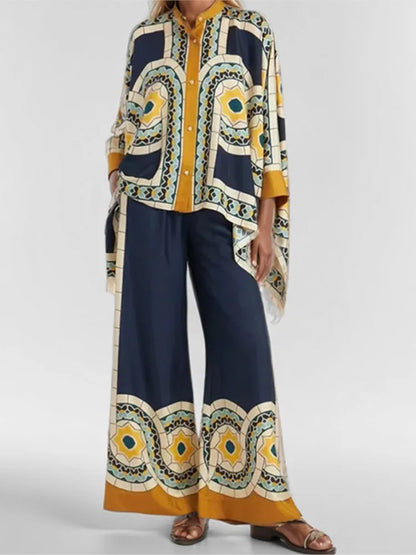 2 Piece Sets Fashion Women's Irregular Geometric Print Pants Sets Long Sleeve Shirts And Wide Leg Pants Stylish Streetwear Suit