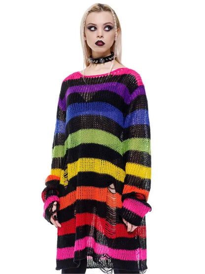 Fashion O-neck Long-sleeved Sweater For Women Autumn High Street Ripped Rainbow Gradient Stripes Mid-length Loose Sweater Female - Kimlud