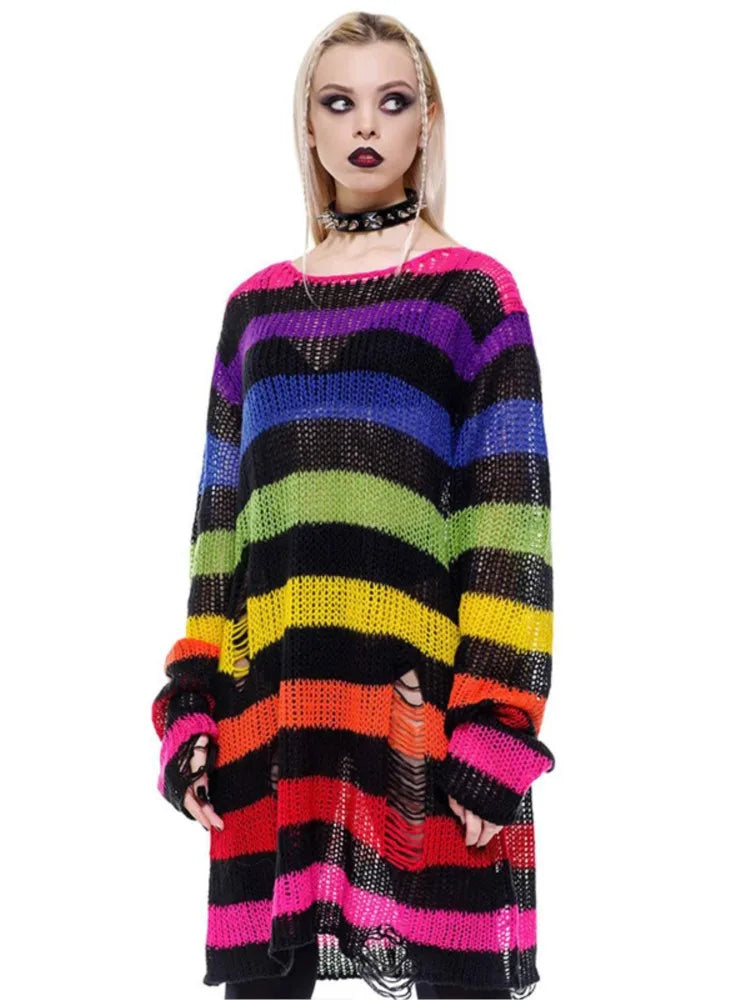 Fashion O-neck Long-sleeved Sweater For Women Autumn High Street Ripped Rainbow Gradient Stripes Mid-length Loose Sweater Female - Kimlud