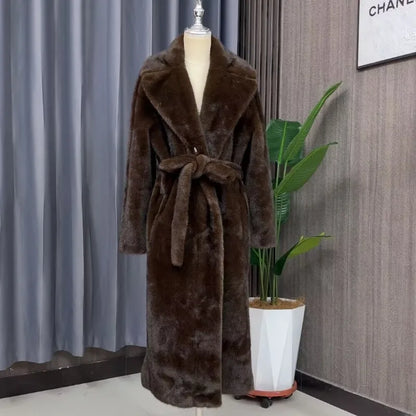 Tuularose Faux Fur Long Coat Women's Lace-up Thickened Long Fur Coat Jacket 2025 Winter Fluffy Plush Warm Lapel Vintage...