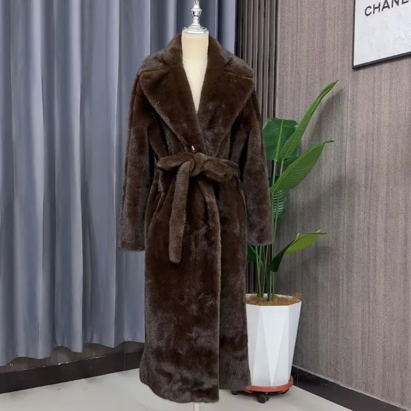 Tuularose Faux Fur Long Coat Women's Lace-up Thickened Long Fur Coat Jacket 2025 Winter Fluffy Plush Warm Lapel Vintage...