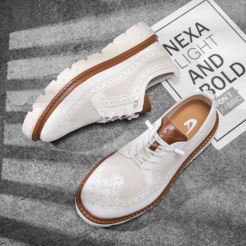 Men's Brogue Knit Oxford Sneakers, Breathable Lightweight Casual Dress Walking Shoes, Soft Cushion Non Slip Platform Fashion Sne