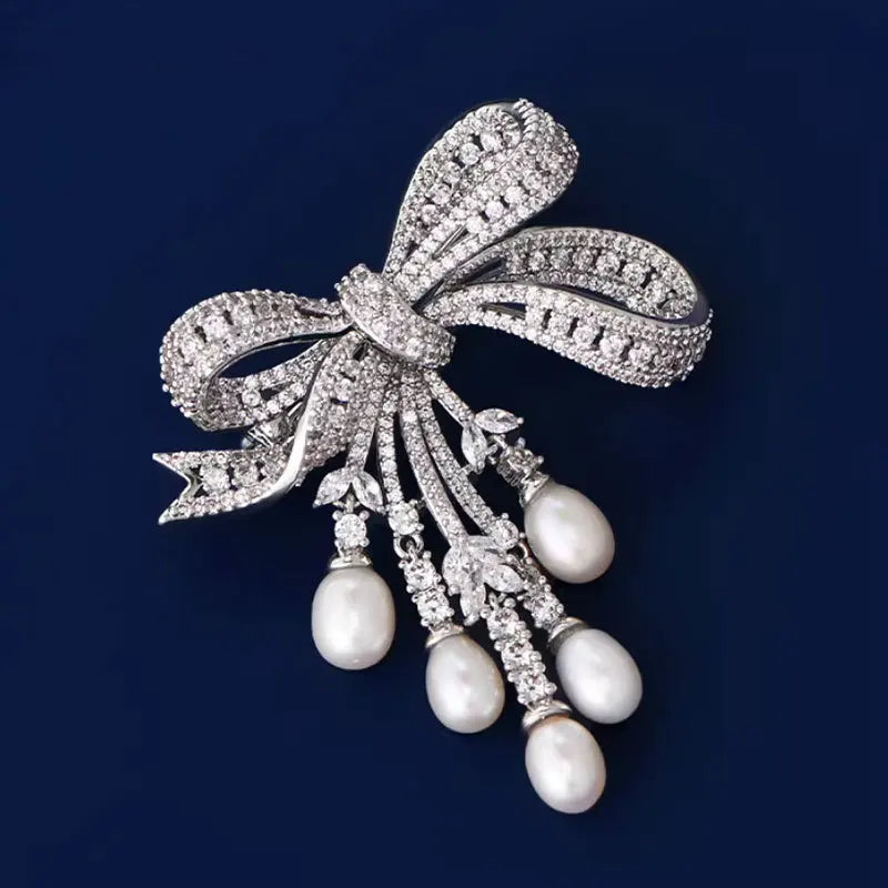 Luxury Zircon Pearl Bowknot Tassel Fashion Brooch Pins For Women Creative New Handmade Brooches - Kimlud
