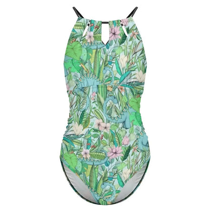 Botanical With Dinosaurs Swimsuit Dinosaur Quirky Soft Pastels Floral Swimwear Holiday Swimsuits Halter Bathing Suit |...