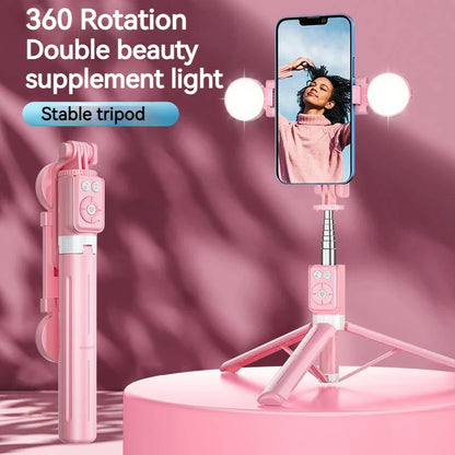 Bluetooth Wireless Selfie Stick Portable Dual Fill Light with Tripod Telescoping Bracket for iPhone Xiaomi Makeup Live Streaming