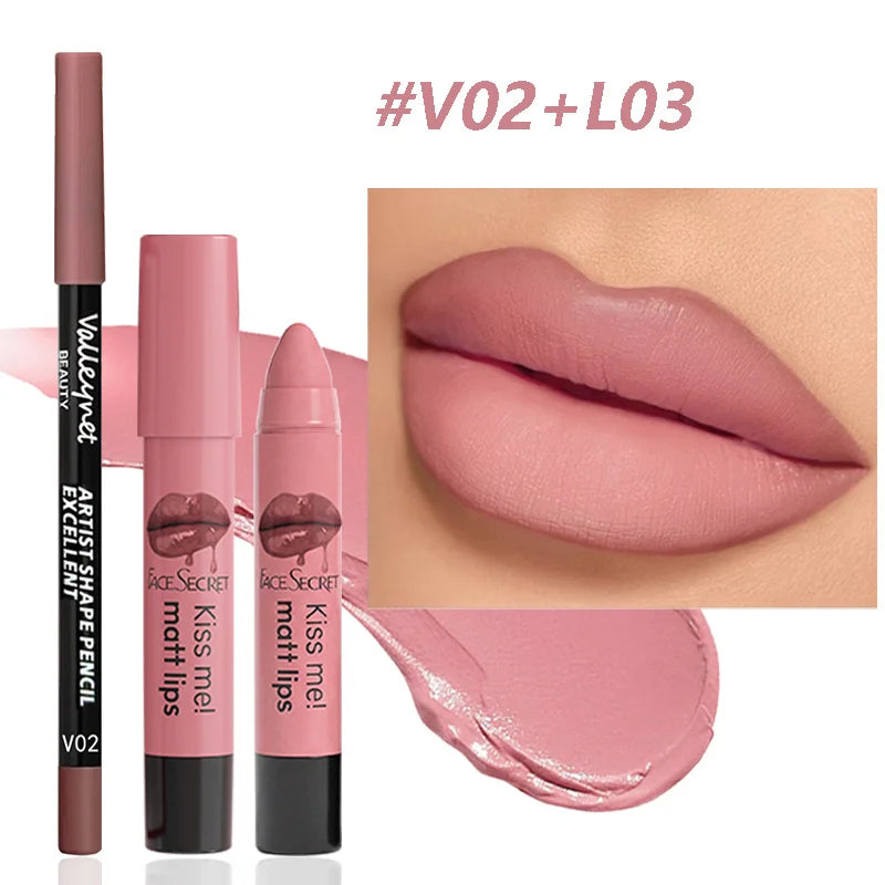 2pcs/Set Velvet Matte Finish Lipliner & Lipstick ,Waterproof,Precise Definition,Full Color,Natural Lip Enhancement Duo |...